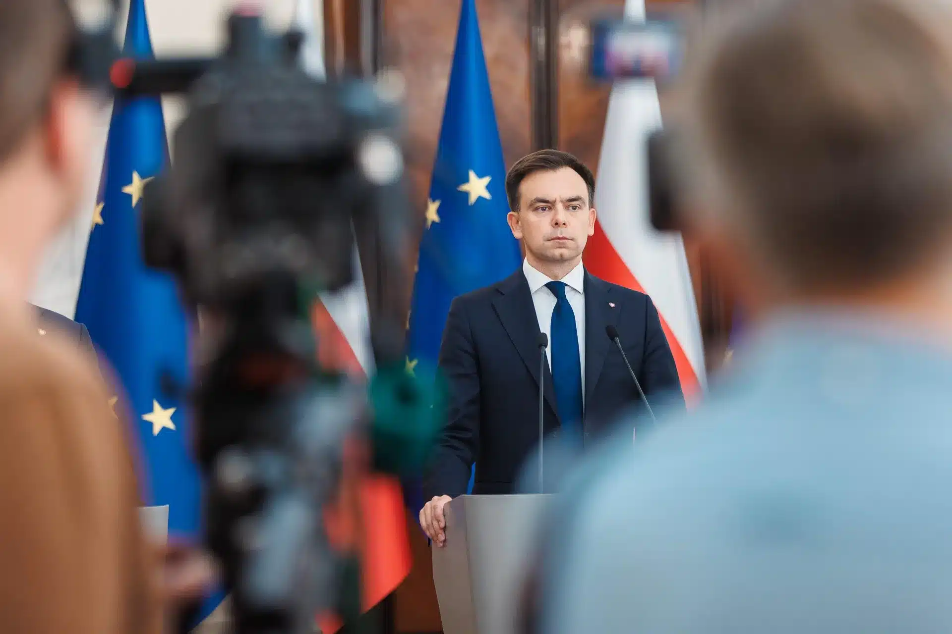 Minister of Finance Andrzej Domański during a press conference at the Chancellery of the Prime Minister